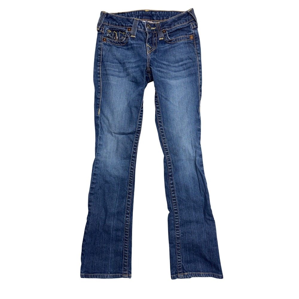 True Religion Becky Bootcut Jeans Blue Denim Yellow Stitch Low Rise Size 25